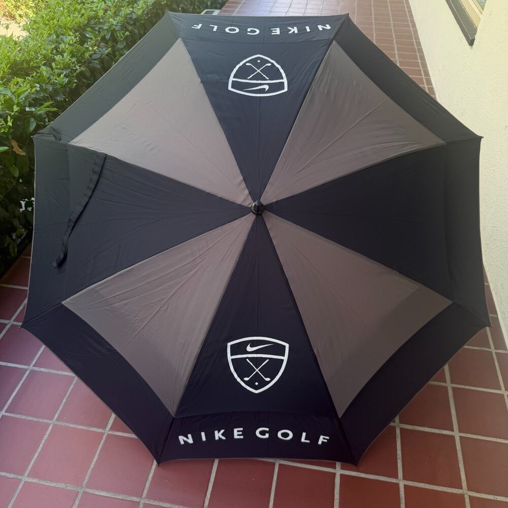 Vintage Nike Golf Umbrella Black Grey Large Canopy Shield Logo with Sleeve